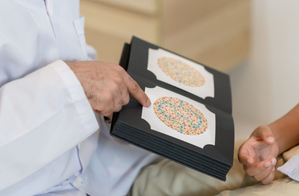 An Optometrist is doing a colour blindness disease perception test.