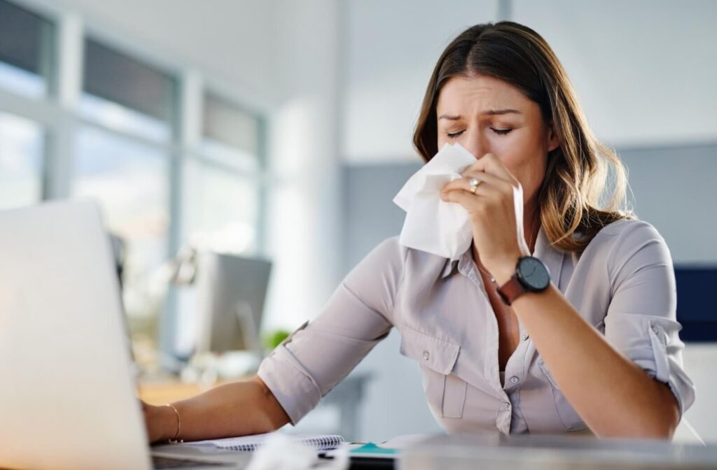 A woman sitting at a desk with her eyes closed, holding a tissue to her face, appearing upset or in pain.