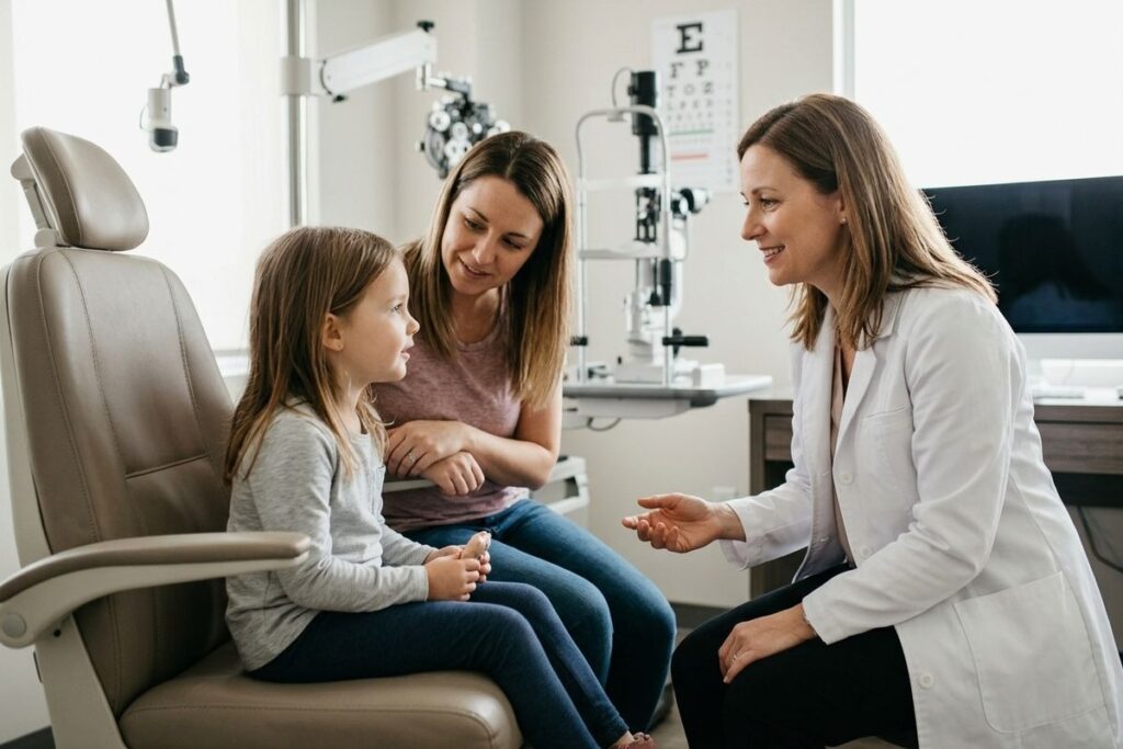 A smiling optometrist talks with a child sitting in an exam chair, as another adult stands beside them in an eye clinic.