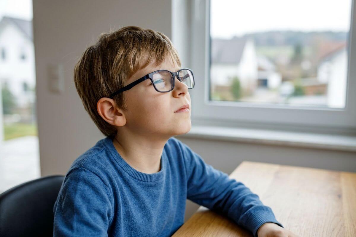 A focused child wearing glasses and a blue sweater sits at a wooden table, looking up toward a window.