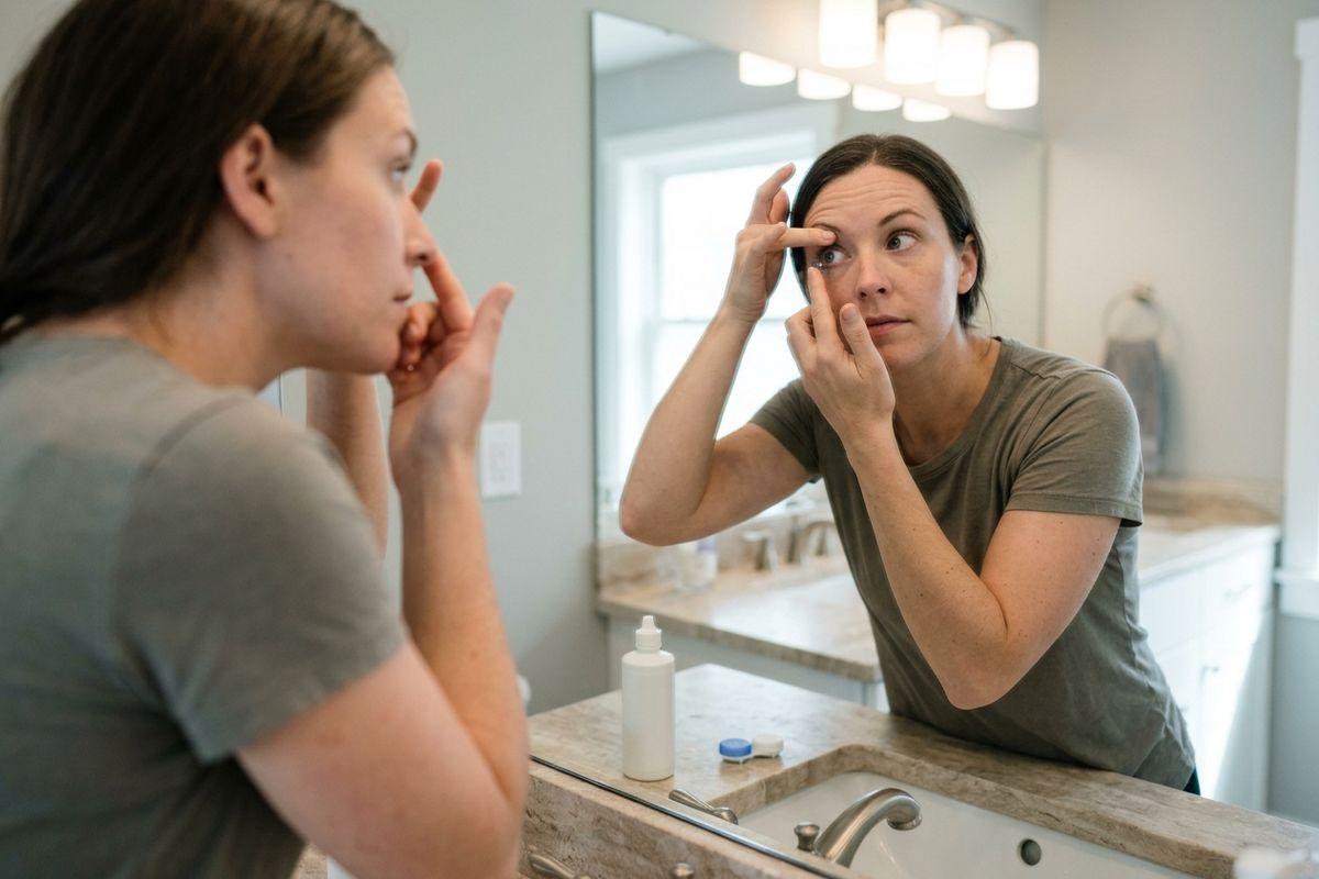 A focused adult looking in a bathroom mirror, using their fingers to hold their eyelid open and insert a contact lens.
