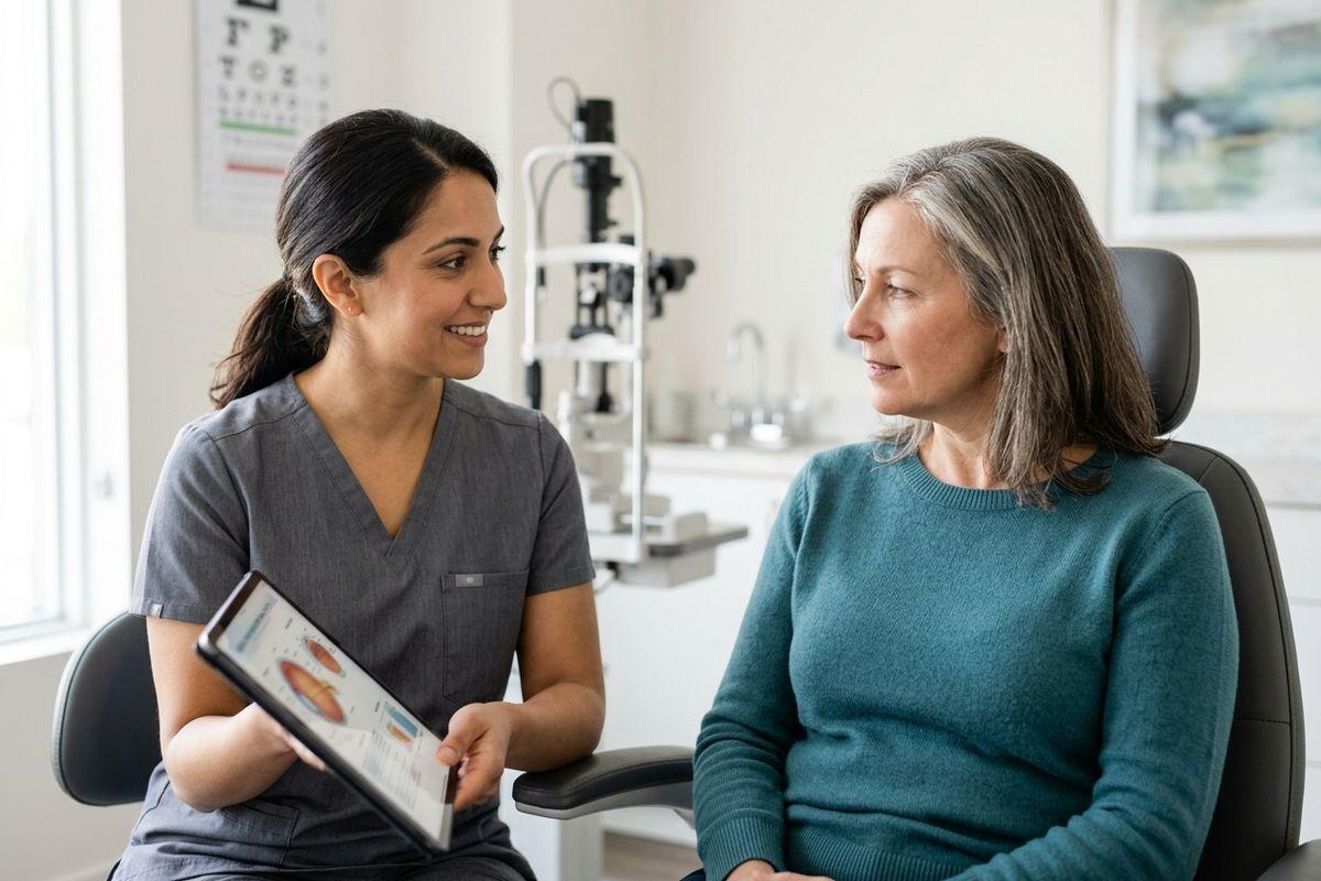 A smiling optometrist shows a tablet with eye diagrams to an adult patient seated in an exam room.