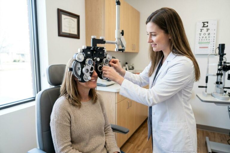 an optometrist adjusting a phoropter for a smiling patient during an eye exam with an eye chart on the wall