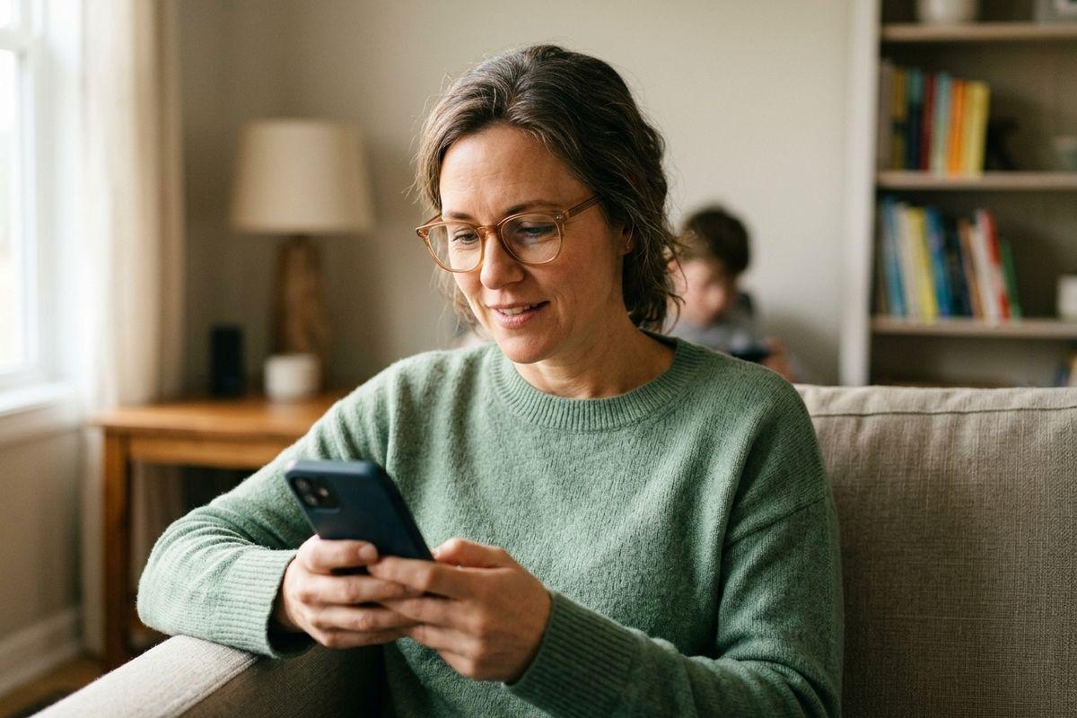 Smiling adult wearing glasses uses a smartphone while seated on a sofa in a living room.