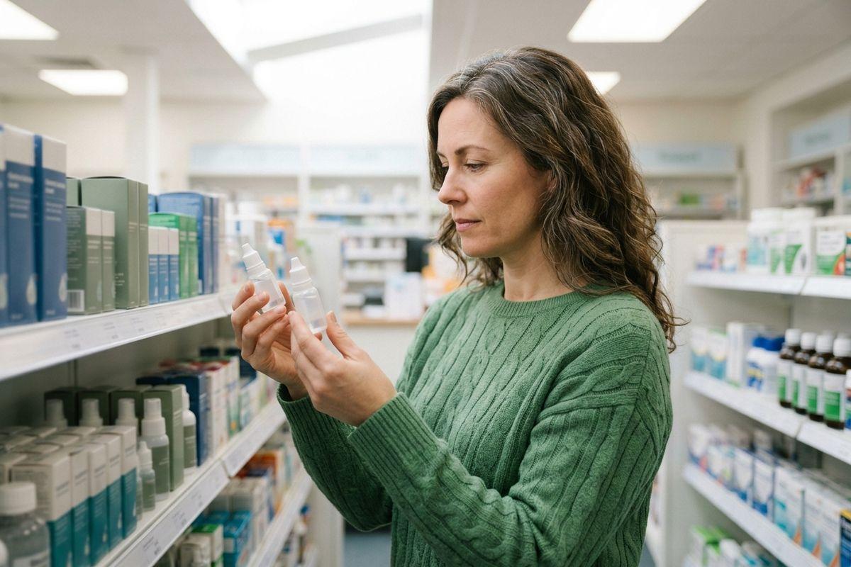 Adult in a green sweater looks closely at two small dropper bottles in a pharmacy aisle lined with shelves of medicine boxes and bottles.