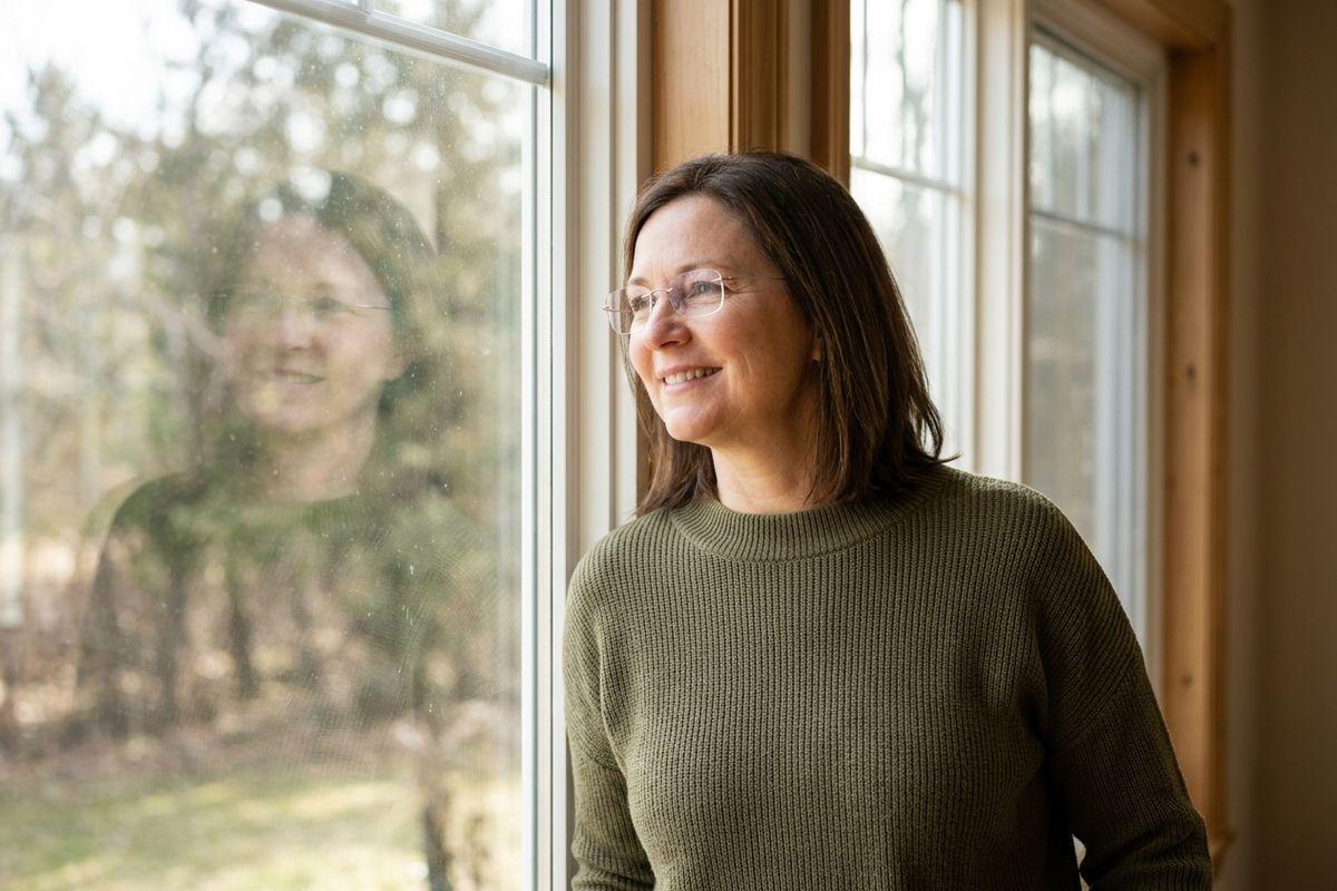 Smiling adult with glasses and a green sweater looks out a window at trees, their reflection visible in the glass.