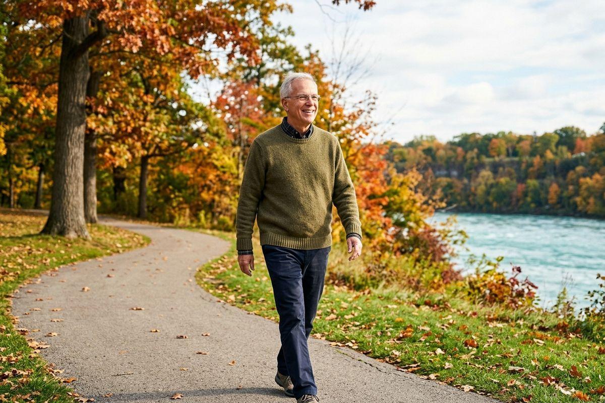 Smiling older adult with glasses walks along a paved path lined with autumn trees beside a turquoise river.